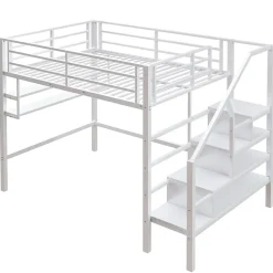 Lit superposé 140x200 cm avec étagères intégrées et échelle de rangement, structure métal blanche