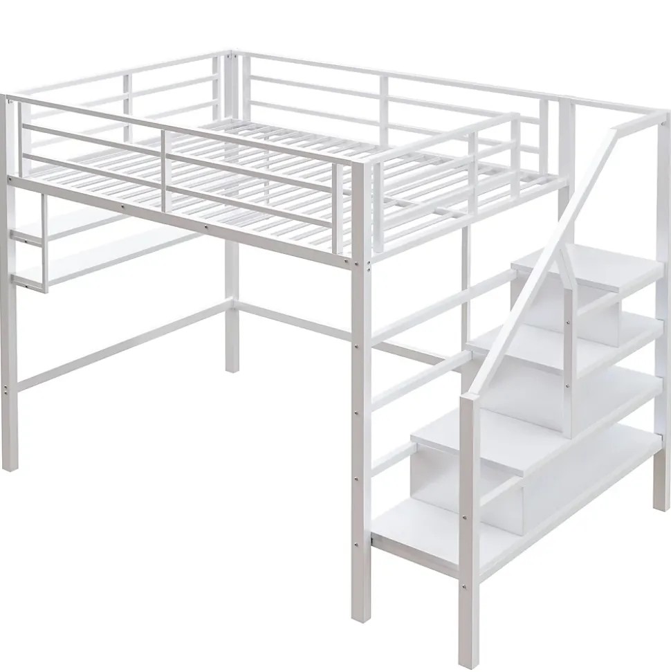 Lit superposé 140x200 cm avec étagères intégrées et échelle de rangement, structure métal blanche