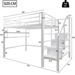 Lit superposé 140x200 cm avec étagères intégrées et échelle de rangement, structure métal blanche