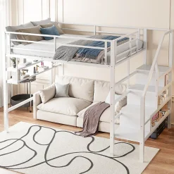 Lit superposé 140x200 cm avec étagères intégrées et échelle de rangement, structure métal blanche