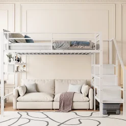 Lit superposé 140x200 cm avec étagères intégrées et échelle de rangement, structure métal blanche