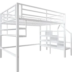 Lit superposé 140x200 cm avec étagères intégrées et échelle de rangement, structure métal blanche