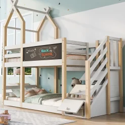 Lit superposé 90x200 cm avec tableau noir intégré - Lit enfant pratique avec sommiers inclus - Sans matelas - Blanc