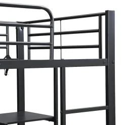 Lit superposé 90x200 cm, avec table, armoire, échelle 5 marches, cadre métal, noir