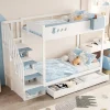 Lit superposé 90x200 cm avec tiroirs et étagère amovible, structure bois blanc/bleu, échelle sécurisée