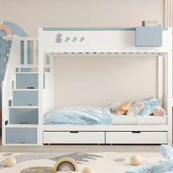 Lit superposé 90x200 cm avec tiroirs et étagère amovible, structure bois blanc/bleu, échelle sécurisée