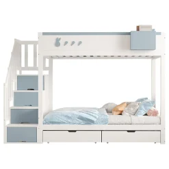 Lit superposé 90x200 cm avec tiroirs et étagère amovible, structure bois blanc/bleu, échelle sécurisée