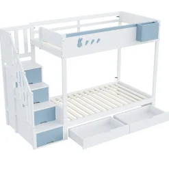 Lit superposé 90x200 cm avec tiroirs et étagère amovible, structure bois blanc/bleu, échelle sécurisée