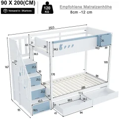 Lit superposé 90x200 cm avec tiroirs et étagère amovible, structure bois blanc/bleu, échelle sécurisée