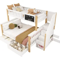 Lit superposé 90x200 cm avec tiroirs et échelle intégrée, structure en pin massif blanc et chêne clair