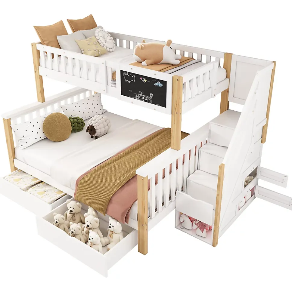 Lit superposé 90x200 cm avec tiroirs et échelle intégrée, structure en pin massif blanc et chêne clair