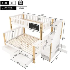 Lit superposé 90x200 cm avec tiroirs et échelle intégrée, structure en pin massif blanc et chêne clair