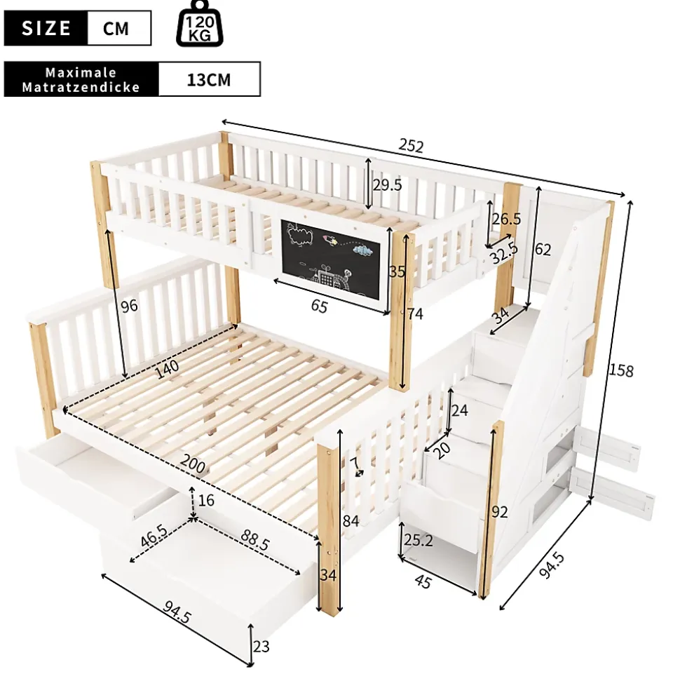 Lit superposé 90x200 cm avec tiroirs et échelle intégrée, structure en pin massif blanc et chêne clair