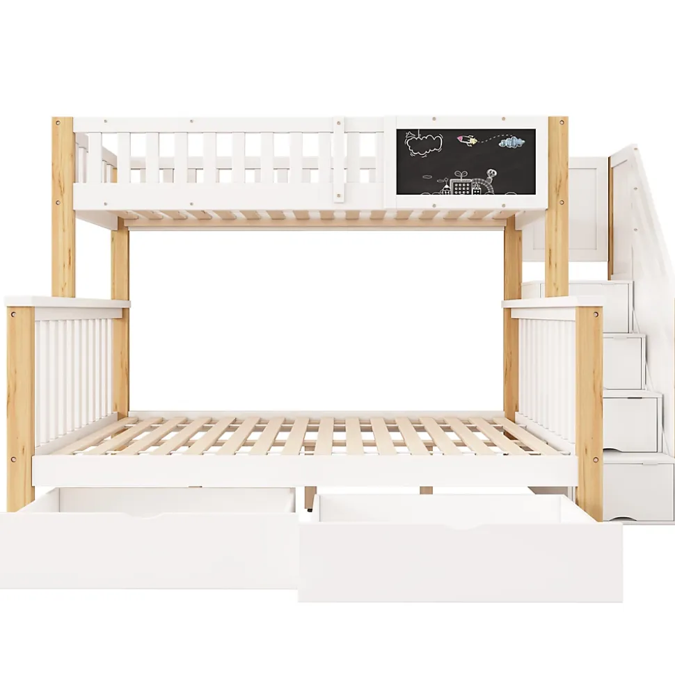 Lit superposé 90x200 cm avec tiroirs et échelle intégrée, structure en pin massif blanc et chêne clair