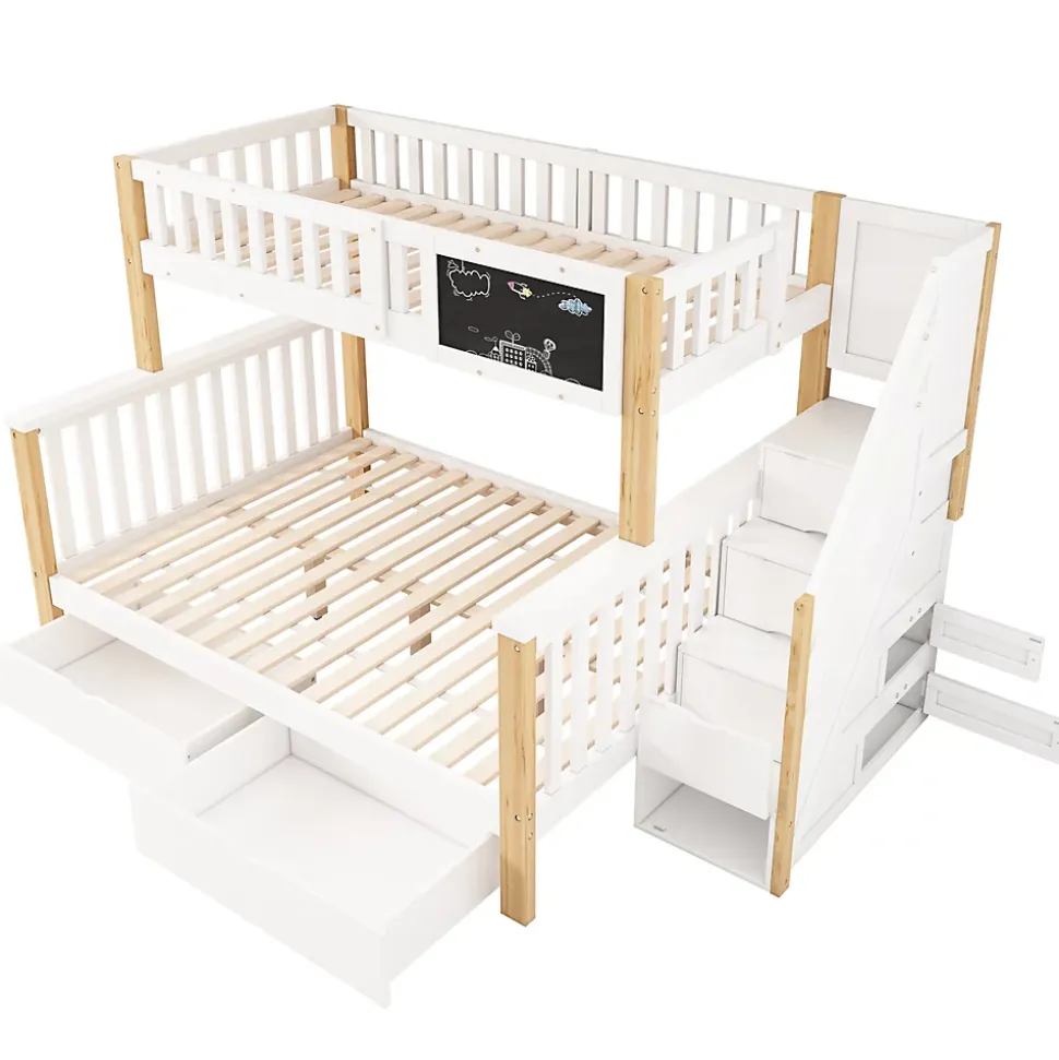 Lit superposé 90x200 cm avec tiroirs et échelle intégrée, structure en pin massif blanc et chêne clair