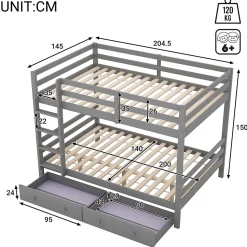 Lit superposé 140x200 cm avec tiroirs de rangement et échelle intégrée, structure pin/MDF gris