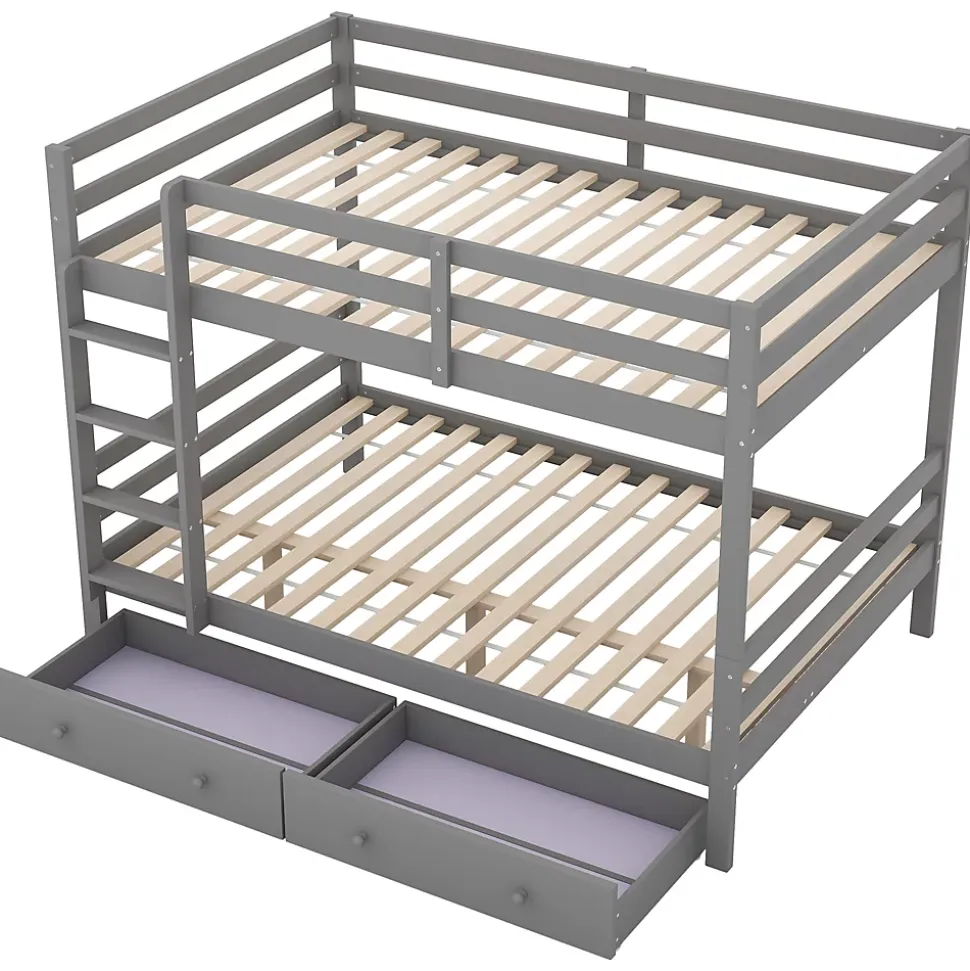 Lit superposé 140x200 cm avec tiroirs de rangement et échelle intégrée, structure pin/MDF gris