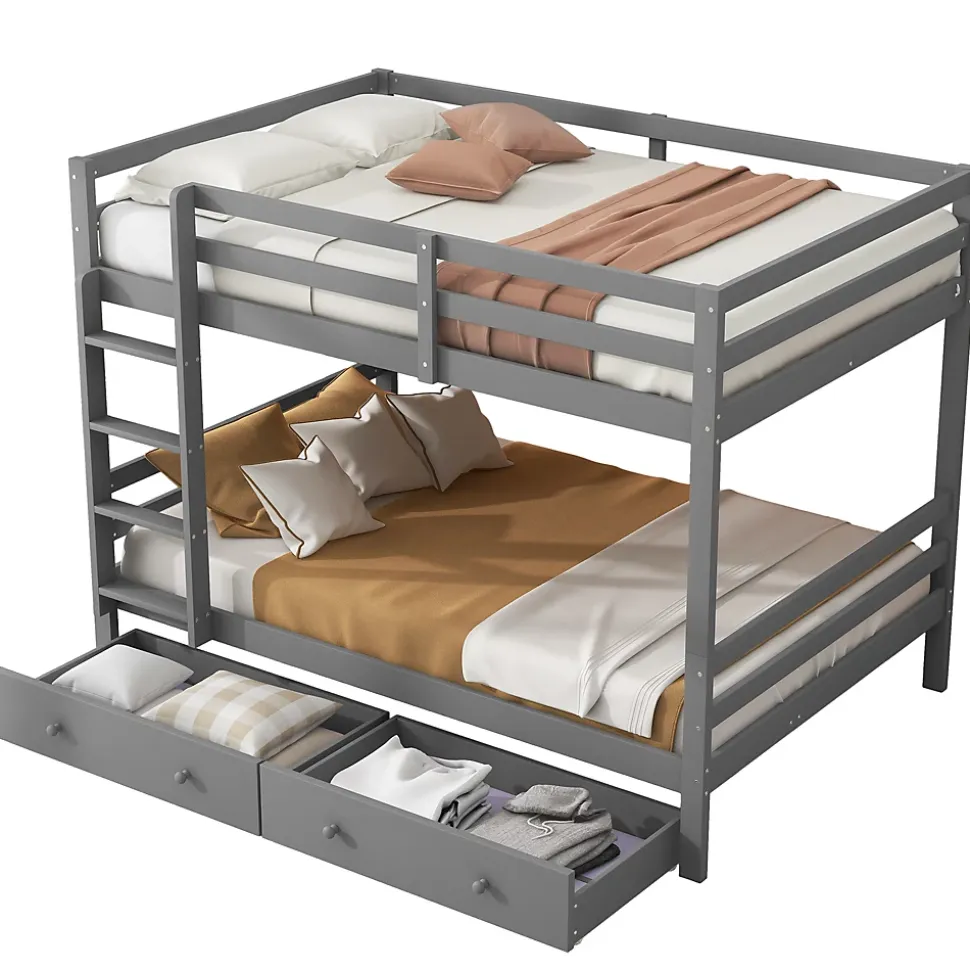 Lit superposé 140x200 cm avec tiroirs de rangement et échelle intégrée, structure pin/MDF gris