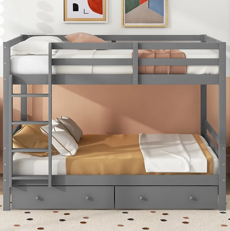 Lit superposé 140x200 cm avec tiroirs de rangement et échelle intégrée, structure pin/MDF gris