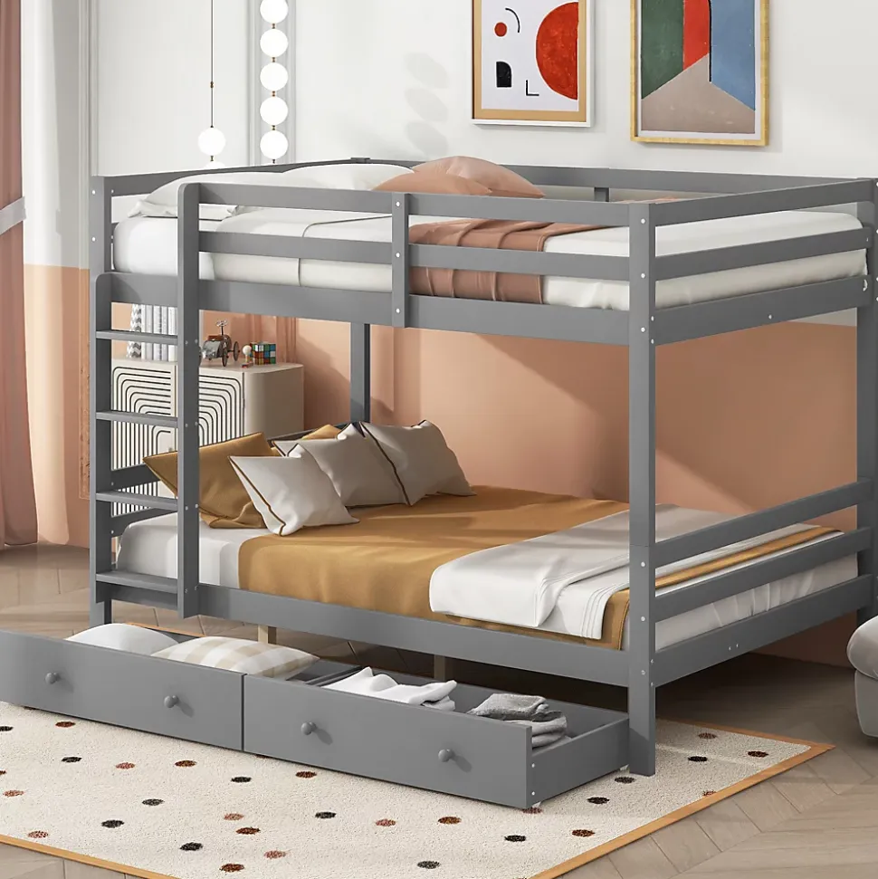 Lit superposé 140x200 cm avec tiroirs de rangement et échelle intégrée, structure pin/MDF gris