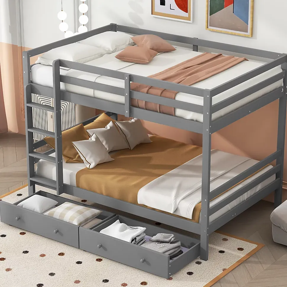Lit superposé 140x200 cm avec tiroirs de rangement et échelle intégrée, structure pin/MDF gris