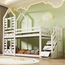 Lit superposé 90x200 cm avec tiroirs et échelle intégrée, peinture blanche, pin massif, gain de place enfant
