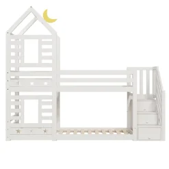 Lit superposé 90x200 cm avec tiroirs et échelle intégrée, peinture blanche, pin massif, gain de place enfant