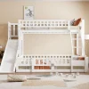 Lit superposé 140x200 cm avec toboggan ludique et étagères intégrées, structure en pin et MDF blanc
