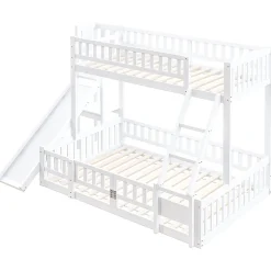 Lit superposé 140x200 cm avec toboggan ludique et étagères intégrées, structure en pin et MDF blanc