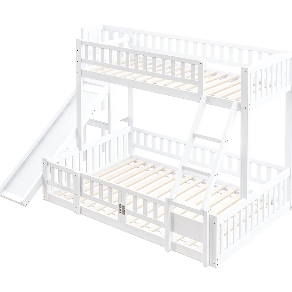 Lit superposé 140x200 cm avec toboggan ludique et étagères intégrées, structure en pin et MDF blanc