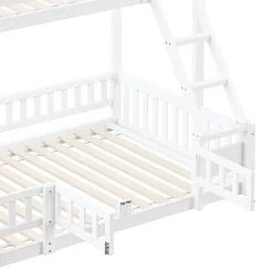 Lit superposé 140x200 cm avec toboggan ludique et étagères intégrées, structure en pin et MDF blanc