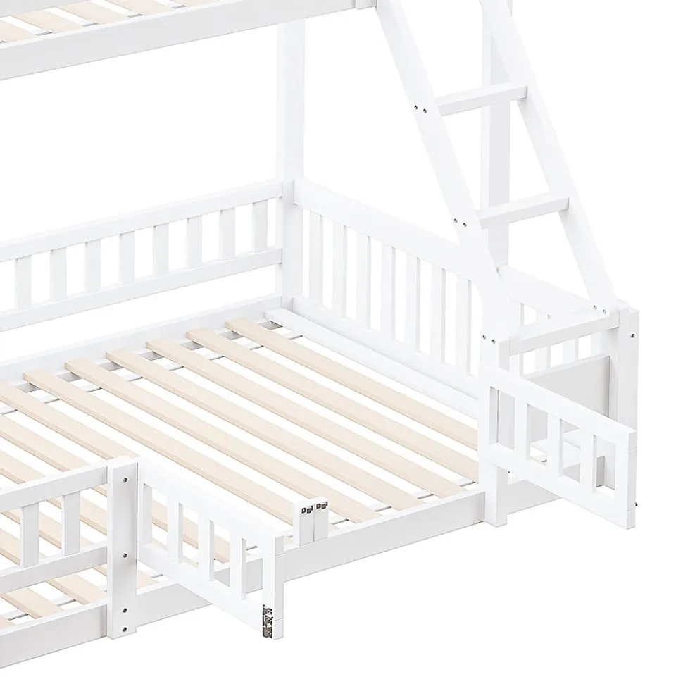 Lit superposé 140x200 cm avec toboggan ludique et étagères intégrées, structure en pin et MDF blanc