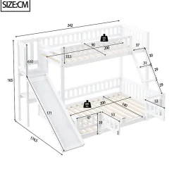 Lit superposé 140x200 cm avec toboggan ludique et étagères intégrées, structure en pin et MDF blanc