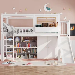 Lit superposé 90x200 cm avec toboggan et armoire intégrée, échelle 4 marches, structure pin et MDF