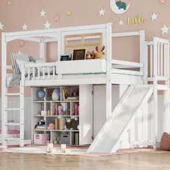 Lit superposé 90x200 cm avec toboggan et armoire intégrée, échelle 4 marches, structure pin et MDF