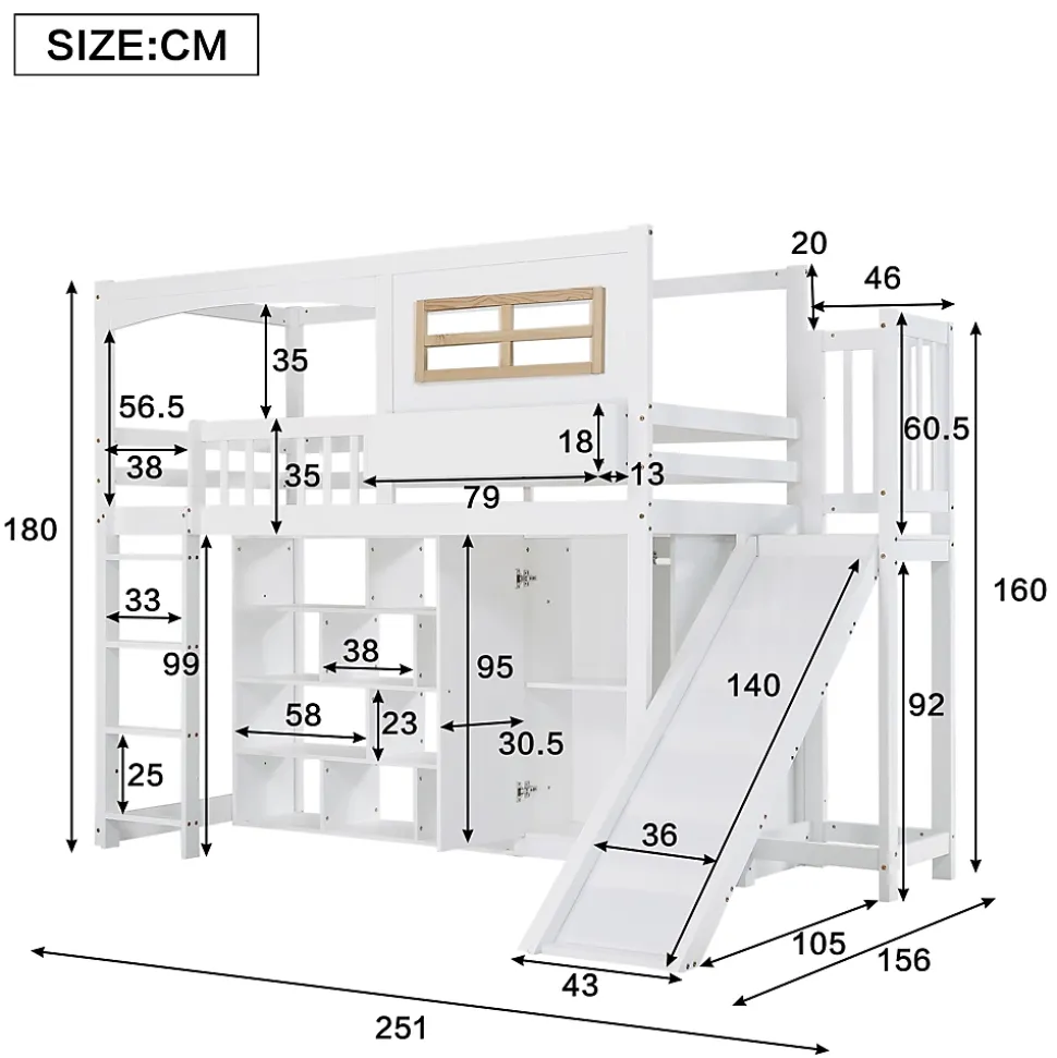 Lit superposé 90x200 cm avec toboggan et armoire intégrée, échelle 4 marches, structure pin et MDF
