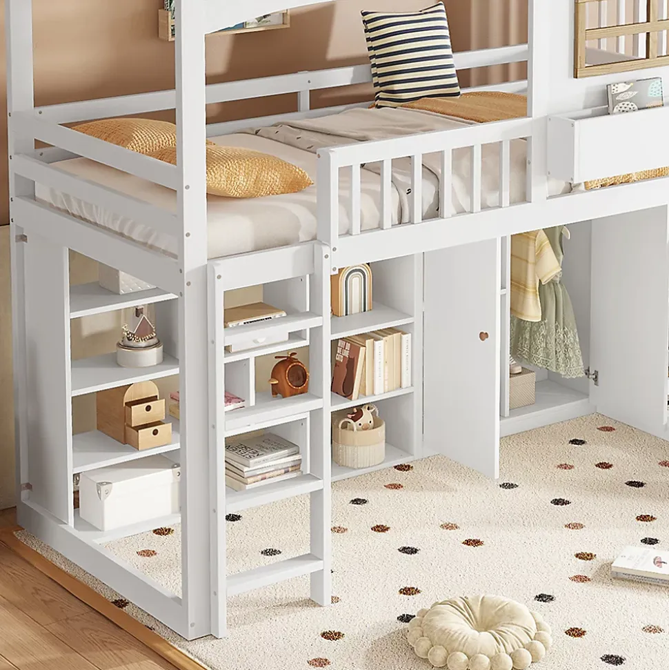 Lit superposé 90x200 cm avec toboggan et armoire intégrée, échelle 4 marches, structure pin et MDF