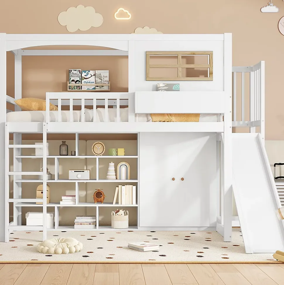 Lit superposé 90x200 cm avec toboggan et armoire intégrée, échelle 4 marches, structure pin et MDF