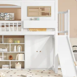 Lit superposé 90x200 cm avec toboggan et armoire intégrée, échelle 4 marches, structure pin et MDF