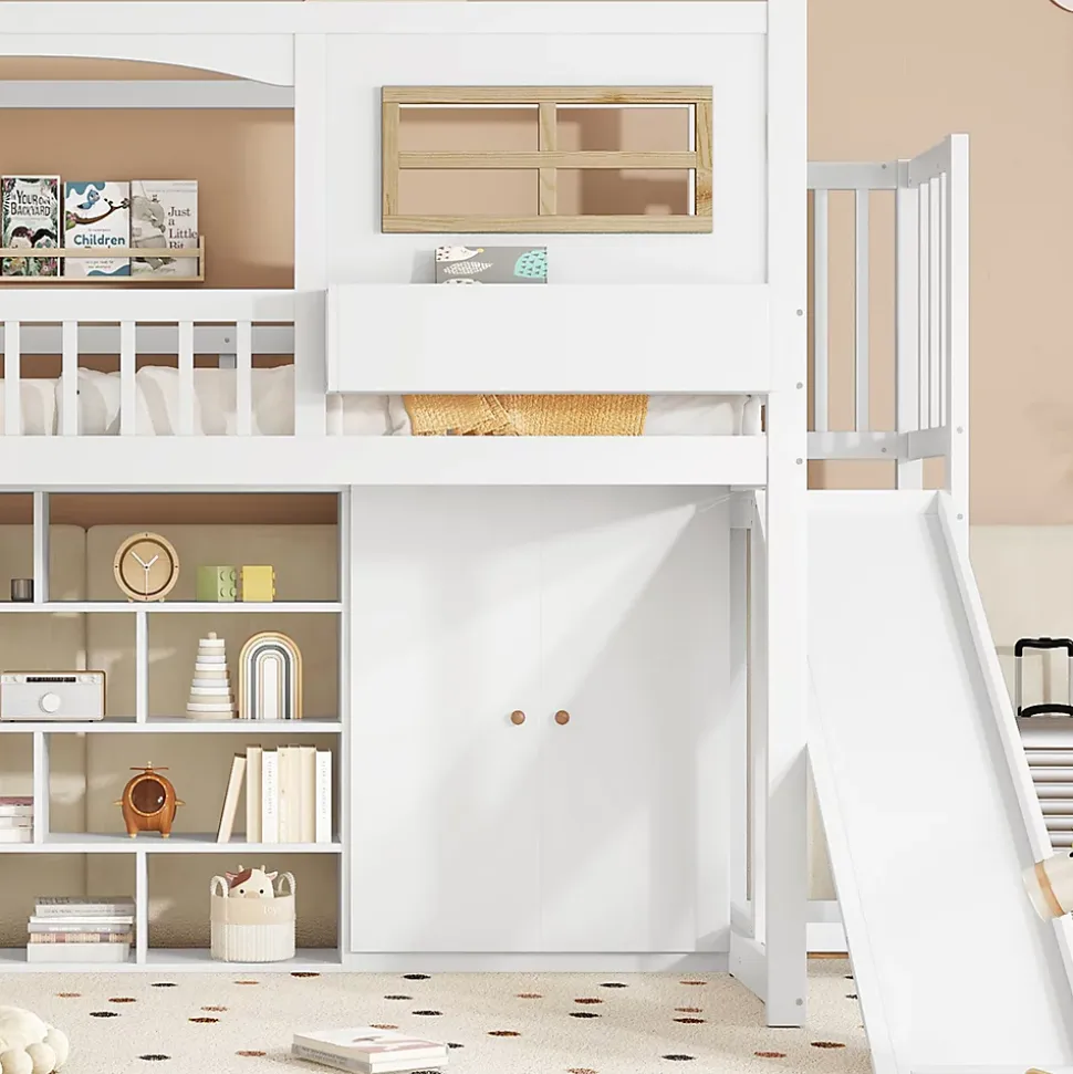 Lit superposé 90x200 cm avec toboggan et armoire intégrée, échelle 4 marches, structure pin et MDF