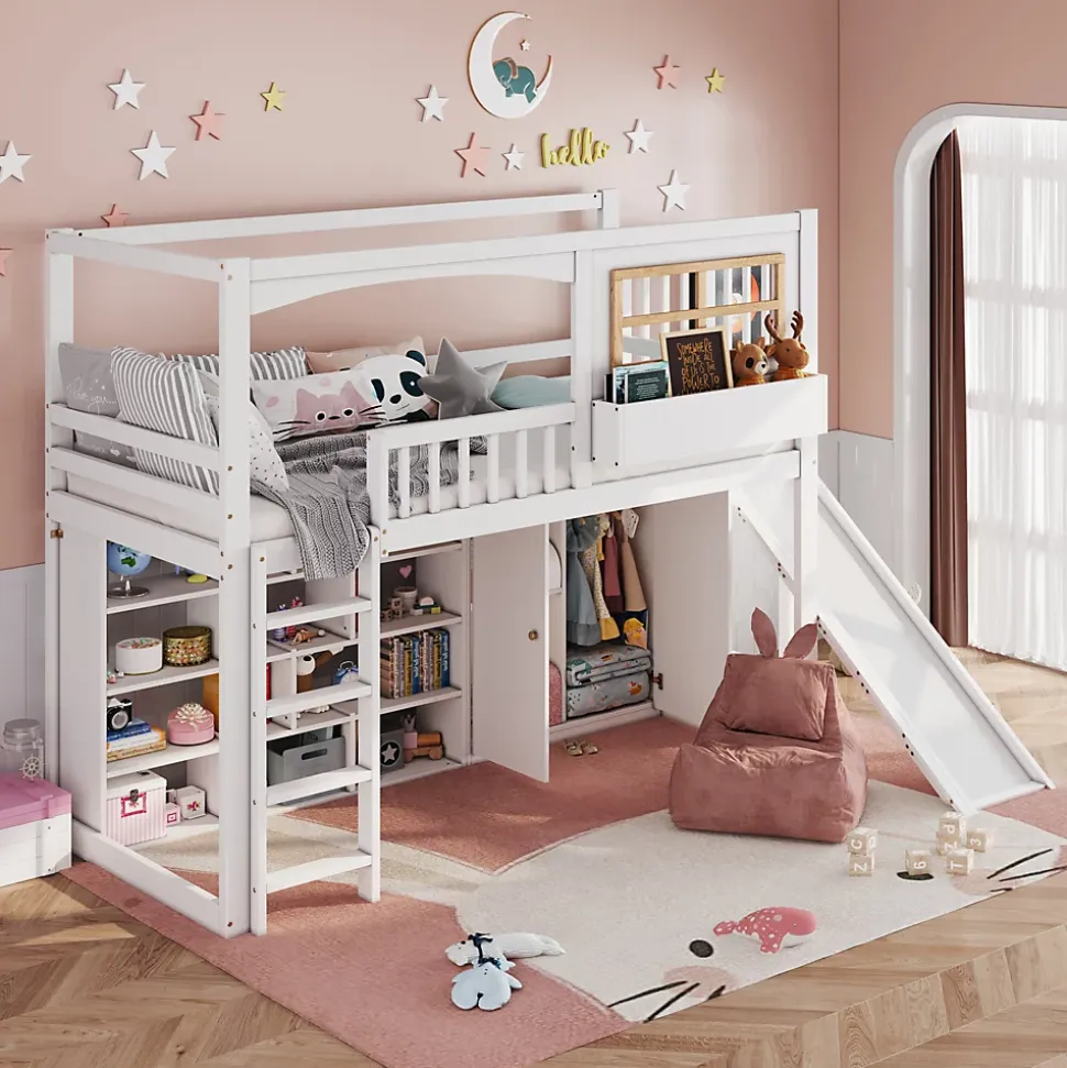 Lit superposé 90x200 cm avec toboggan et armoire intégrée, échelle 4 marches, structure pin et MDF