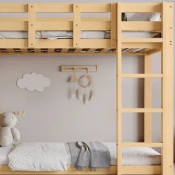 Lit superposé 90x200 cm avec toboggan et escalier intégrés, structure pin et MDF, design naturel pour chambre enfant