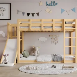 Lit superposé 90x200 cm avec toboggan et escalier intégrés, structure pin et MDF, design naturel pour chambre enfant