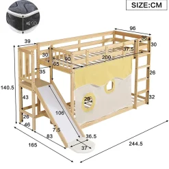 Lit superposé 90x200 cm avec toboggan et escalier intégrés, structure pin et MDF, design naturel pour chambre enfant