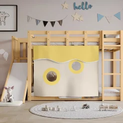 Lit superposé 90x200 cm avec toboggan et escalier intégrés, structure pin et MDF, design naturel pour chambre enfant
