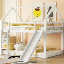 Lit superposé 140x200 cm avec toboggan et échelle, structure en pin massif et MDF, style maison ludique