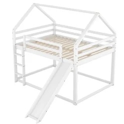 Lit superposé 140x200 cm avec toboggan et échelle, structure en pin massif et MDF, style maison ludique