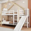Lit superposé 90x200 cm avec toboggan, lit cabane en bois massif blanc/nature avec barrières de sécurité, lit enfant