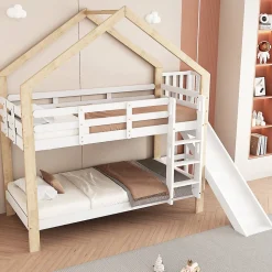 Lit superposé 90x200 cm avec toboggan, lit cabane en bois massif blanc/nature avec barrières de sécurité, lit enfant