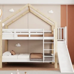 Lit superposé 90x200 cm avec toboggan, lit cabane en bois massif blanc/nature avec barrières de sécurité, lit enfant